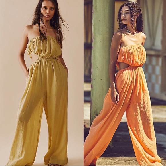 Free People Mustard Cut Out For It Wide Leg Pant Jumpsuit with Pockets - Picture 13 of 14